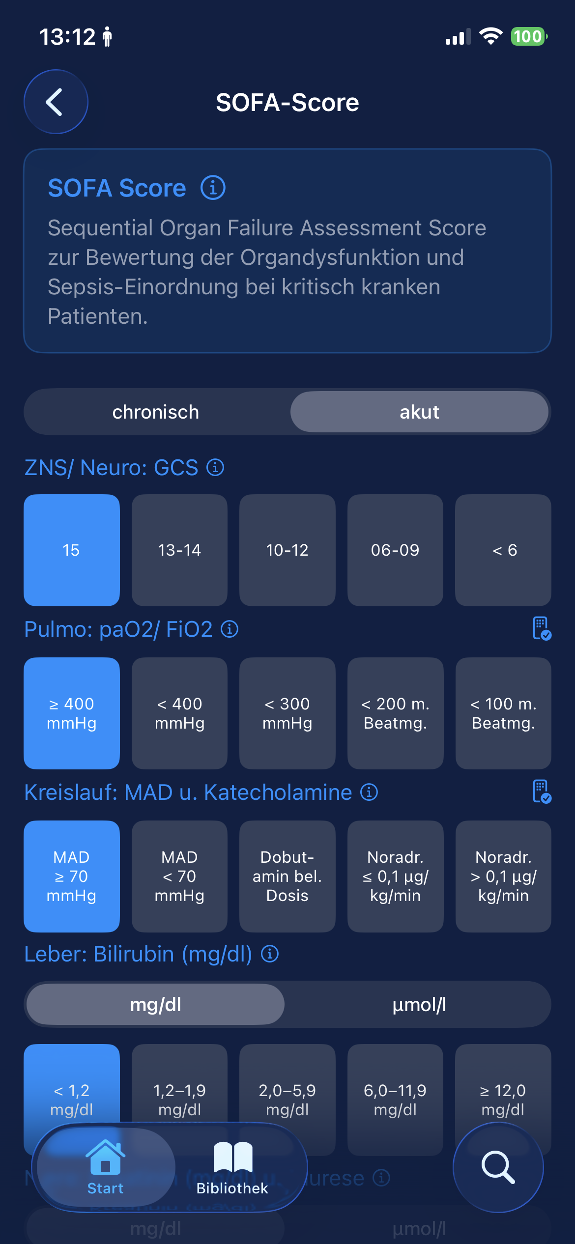 Referenzdarstellung: SOFA-Score-Eingabemaske mit Umschalter zwischen chronischem Ausgangswert und akutem Wert